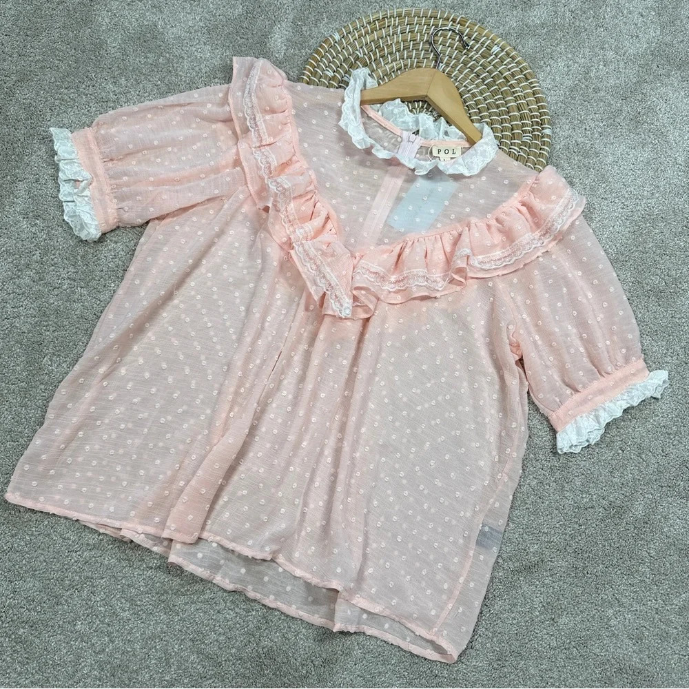 POL Shabby Chic Boho Cottagecore Blouse Ruffle Sheer Fairy Romantic Size L
